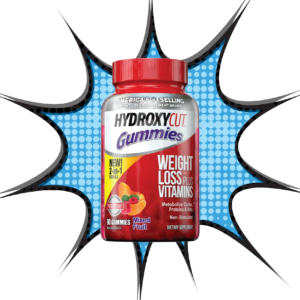 Hydroxycut Gummies for weight loss and vitamin support in a mixed fruit flavor bottle.