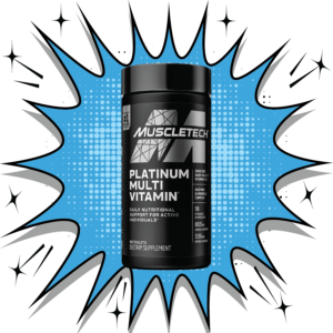 MuscleTech Platinum Multi Vitamin bottle with 18 essential vitamins and minerals