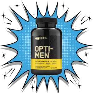 Optimum Nutrition Opti-Men multivitamin bottle for active men with blue background burst