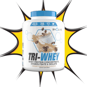 Evolve Tri-Whey creamy cappuccino flavour protein powder with coffee splash design