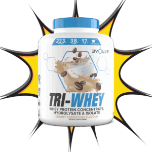 Evolve Nutrition TRI-WHEY protein in Creamy Cappuccino flavour with coffee bean visuals.