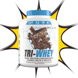 Evolve Nutrition TRI-WHEY protein powder in Double Dutch Chocolate flavour with 224g protein.