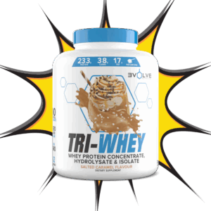 Evolve Tri-Whey salted caramel flavour protein powder with caramel swirl and sticks