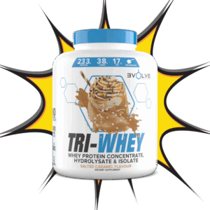 Salted Caramel TRI-WHEY protein from Evolve Nutrition featuring caramel drizzle and sprinkles.
