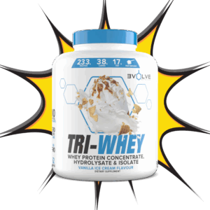 Evolve Nutrition TRI-WHEY protein powder in Vanilla Ice Cream flavour with 233g protein per tub.
