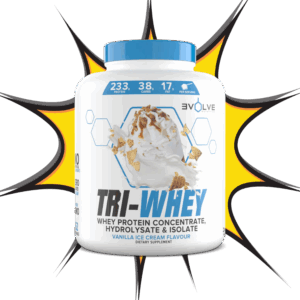 Vanilla Ice Cream flavour TRI-WHEY protein powder by Evolve Nutrition with whipped topping.